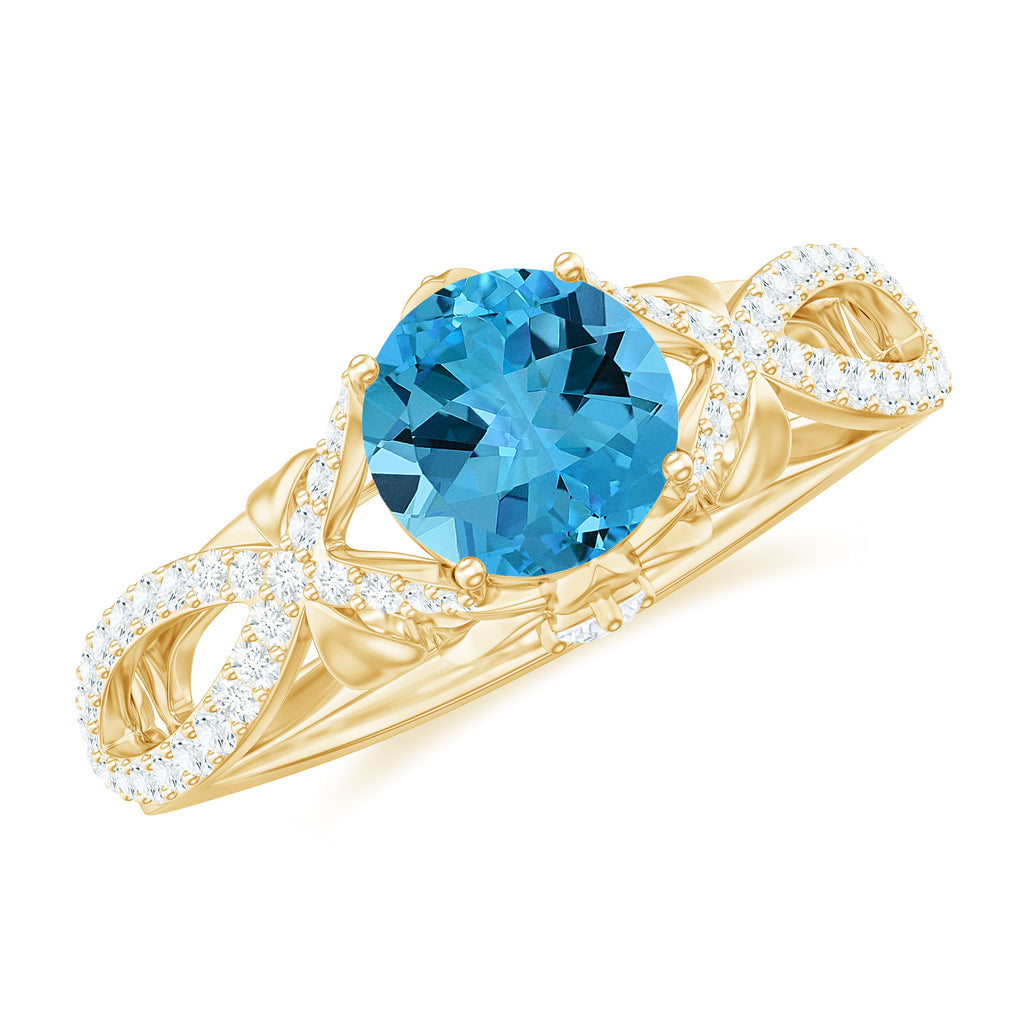 Round Swiss Blue Topaz Vintage Inspired Engagement Ring with Diamond Swiss Blue Topaz - ( AAA ) - Quality - Rosec Jewels