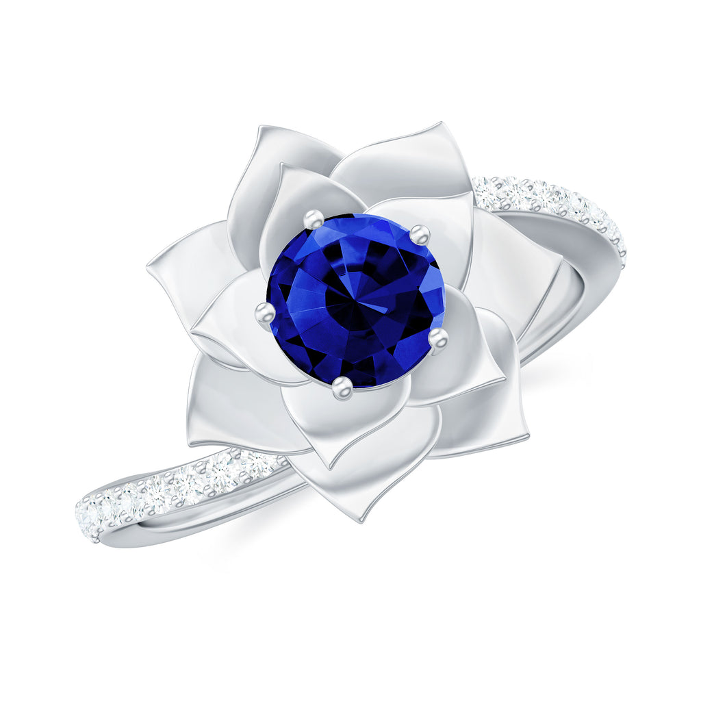 Lab Grown Blue Sapphire and Diamond Flower Bypass Ring Lab Created Blue Sapphire - ( AAAA ) - Quality - Rosec Jewels