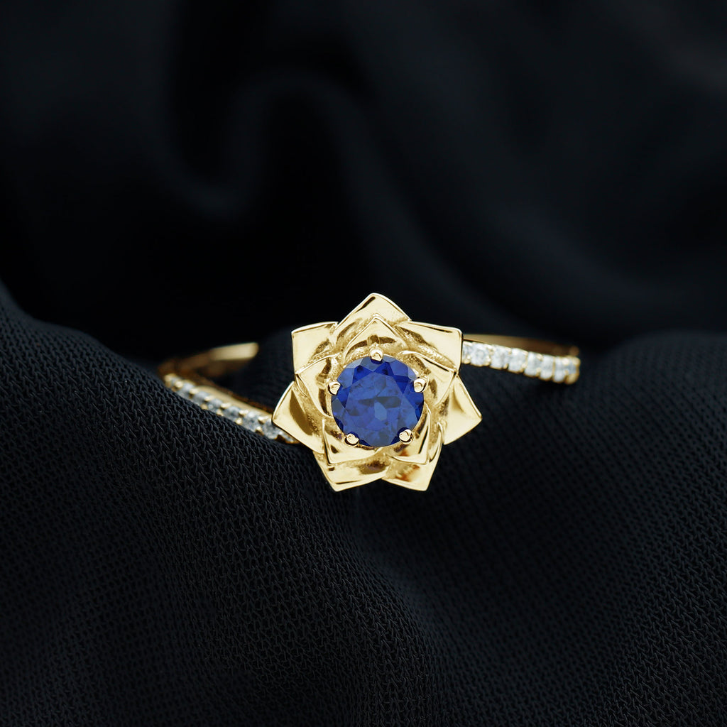 Lab Grown Blue Sapphire and Diamond Flower Bypass Ring Lab Created Blue Sapphire - ( AAAA ) - Quality - Rosec Jewels