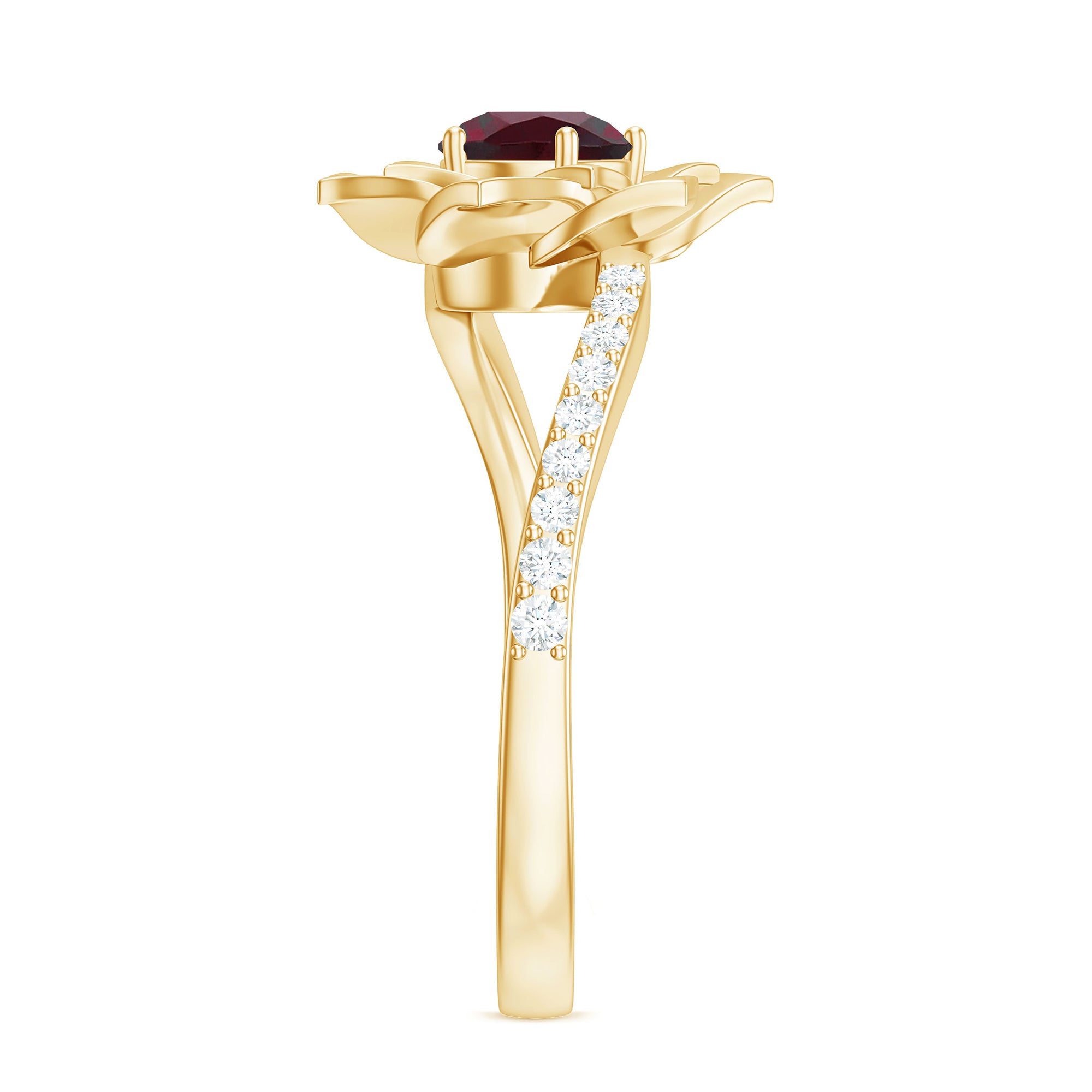 Real Rhodolite and Diamond Flower Ring with Bypass Shank Rhodolite - ( AAA ) - Quality - Rosec Jewels