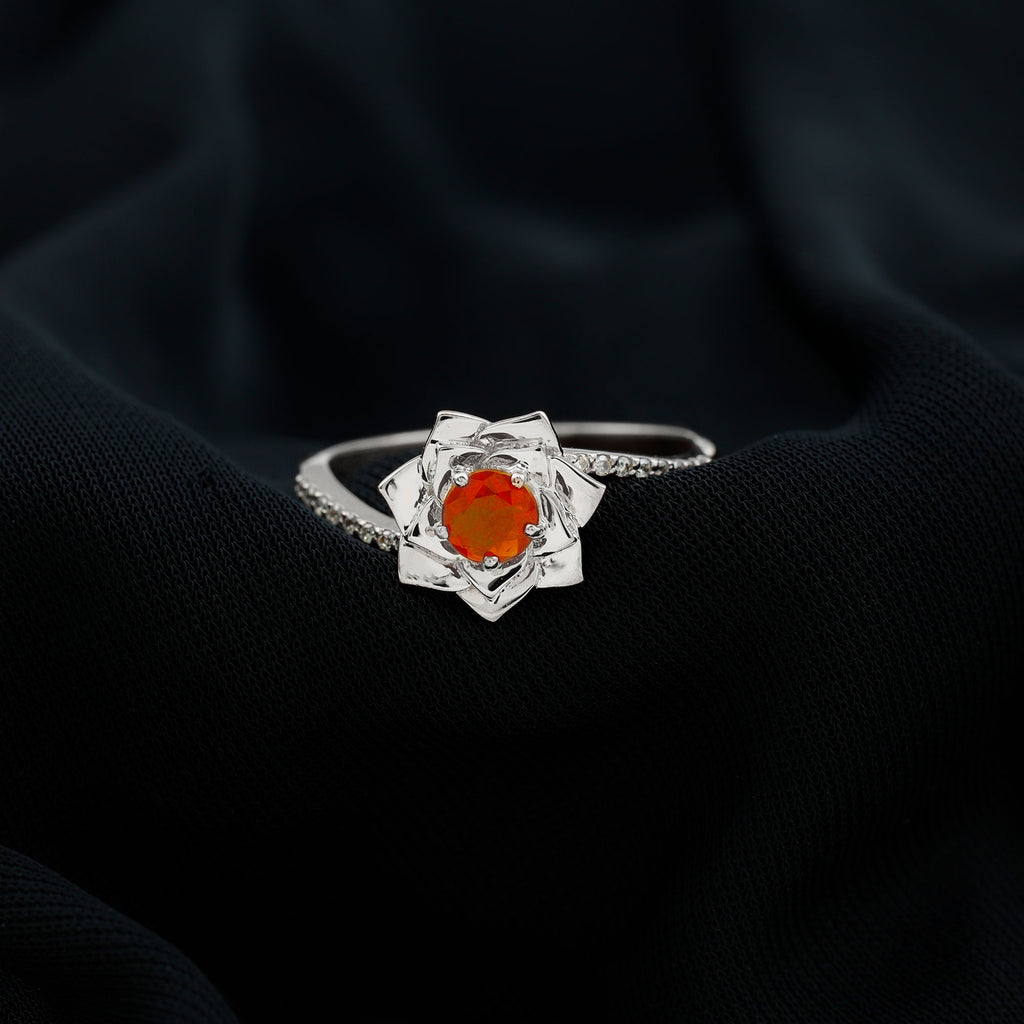 Flower Inspired Fire Opal Engagement Ring with Diamond Fire Opal - ( AAA ) - Quality - Rosec Jewels