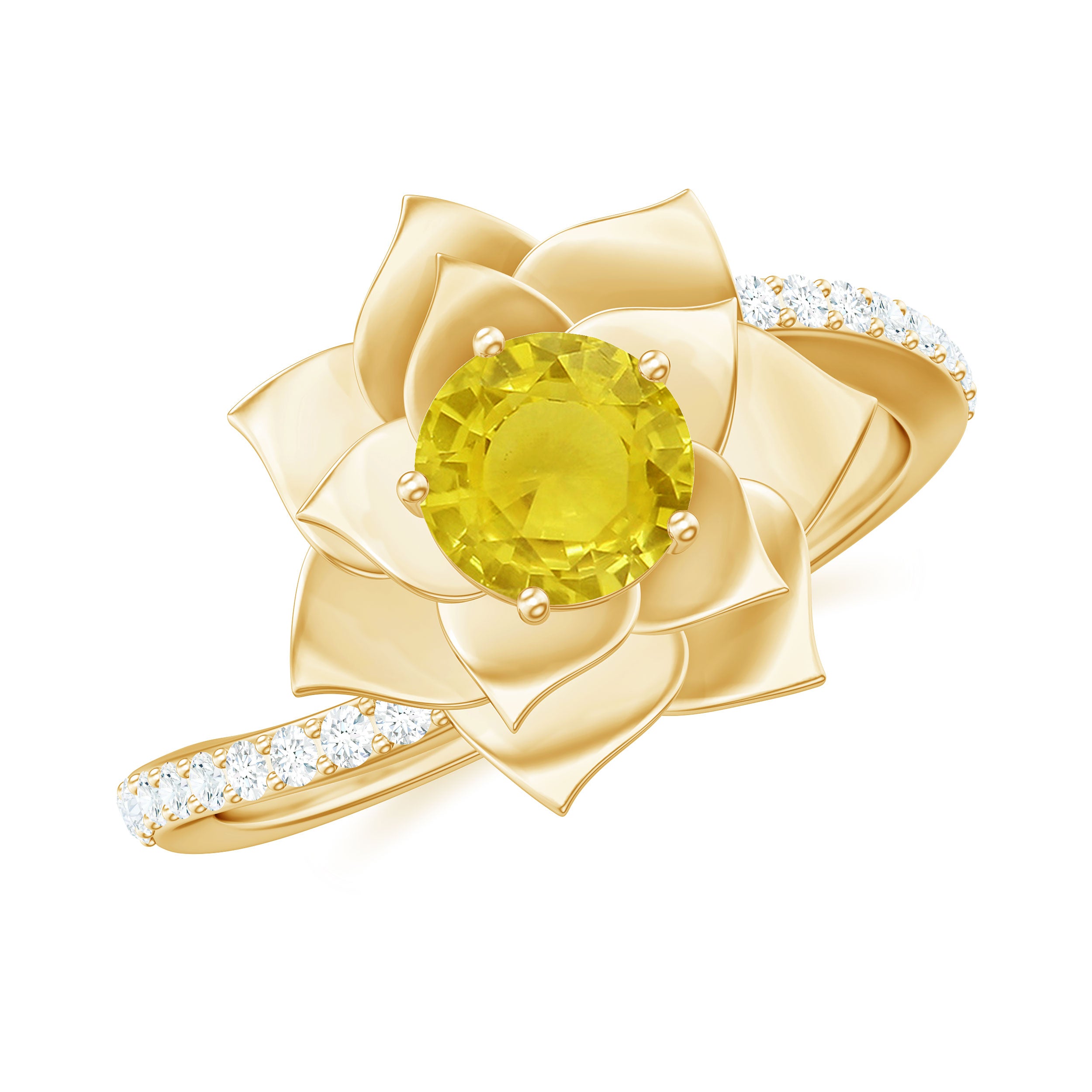 Round Yellow Sapphire Flower Bypass Ring with Diamond Yellow Sapphire - ( AAA ) - Quality - Rosec Jewels