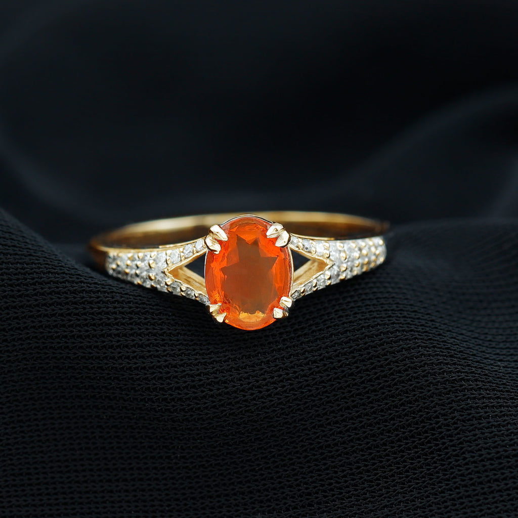 1.25 CT Split Shank Oval Fire Opal Solitaire Engagement Ring with Diamond Fire Opal - ( AAA ) - Quality - Rosec Jewels