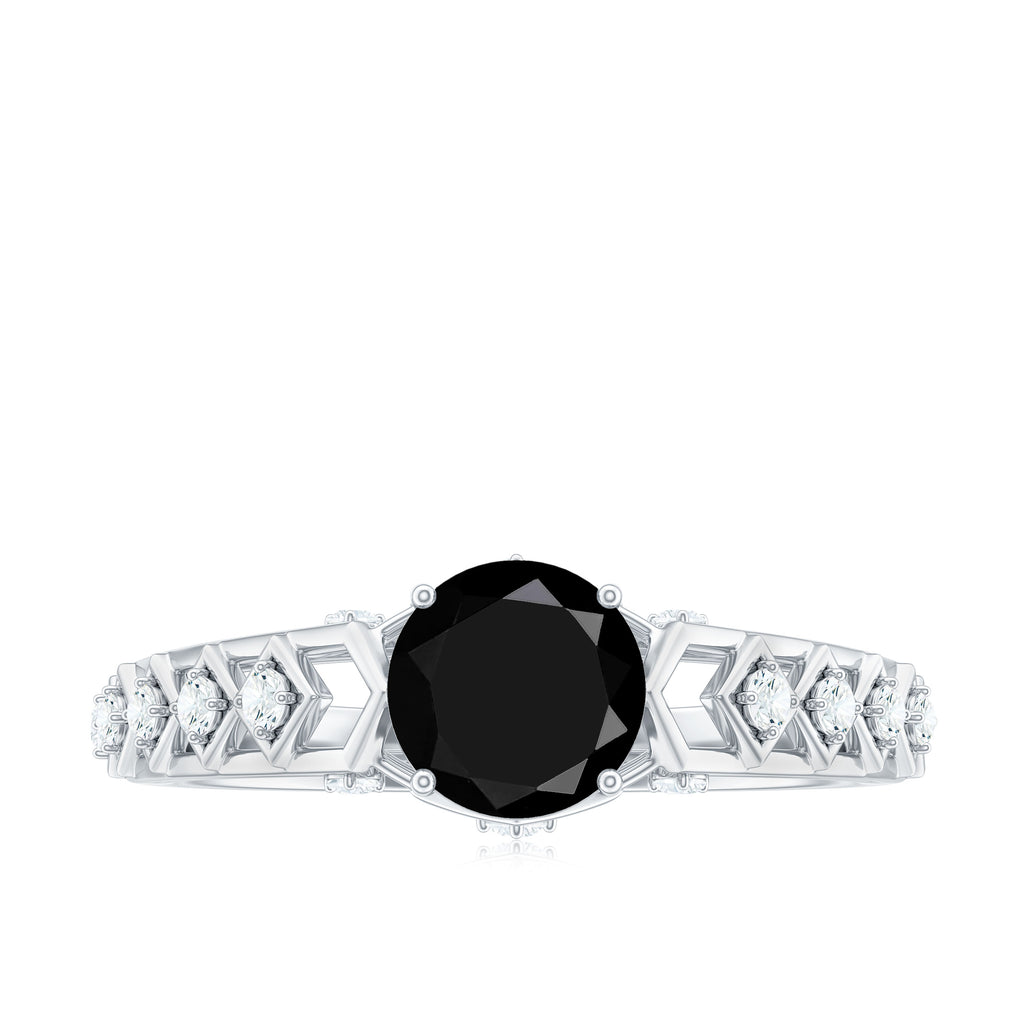 1 CT Solitaire Black Diamond and Moissanite Ring with Cut Work Gold Embellishment Black Diamond - ( AAA ) - Quality - Rosec Jewels