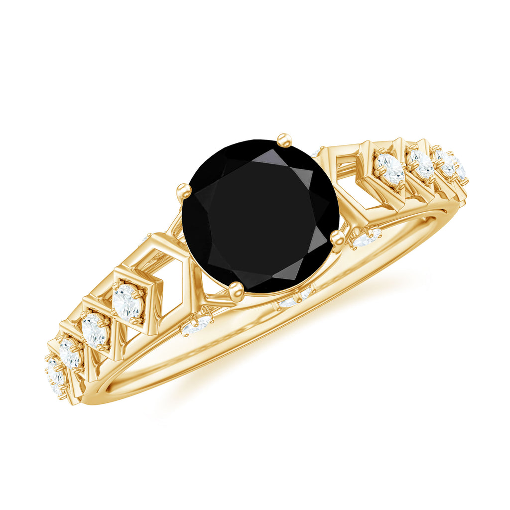1 CT Solitaire Black Diamond and Moissanite Ring with Cut Work Gold Embellishment Black Diamond - ( AAA ) - Quality - Rosec Jewels