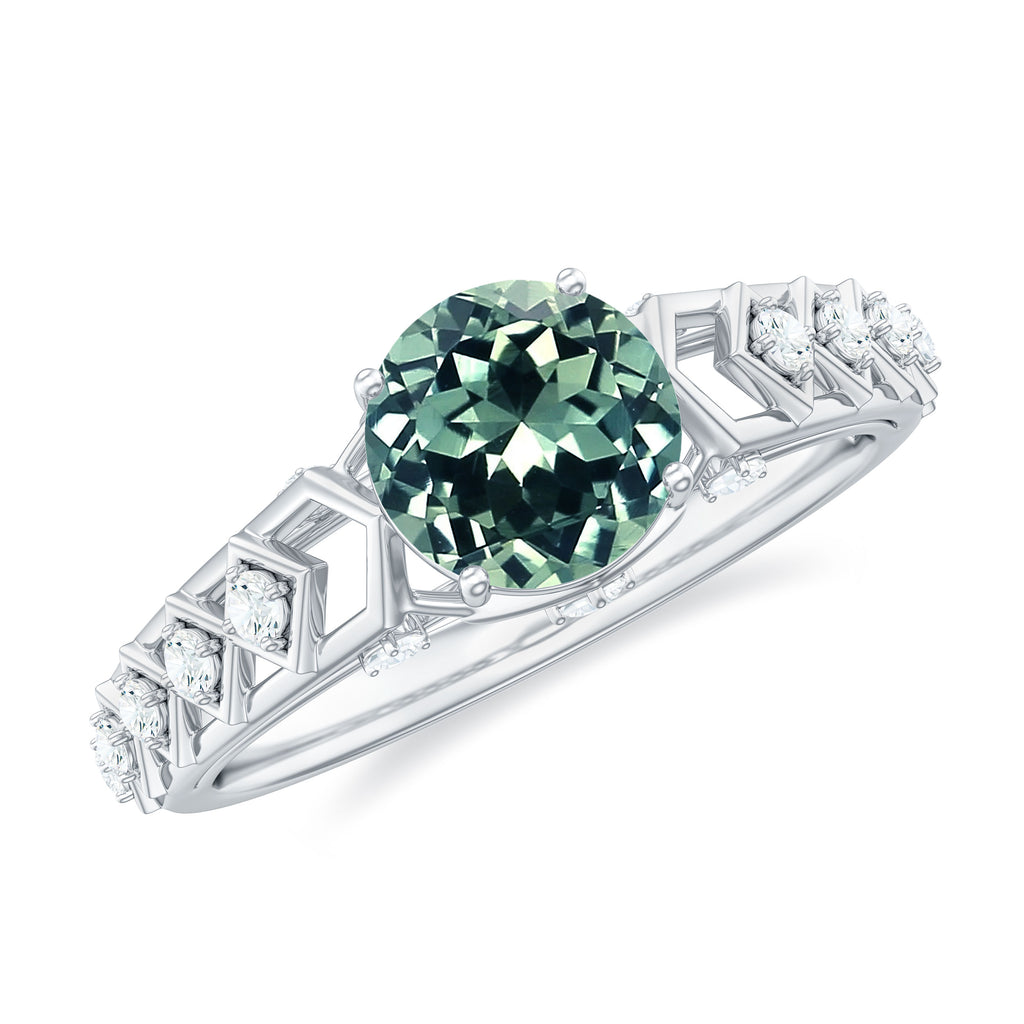 Round Created Green Sapphire Solitaire Art Deco Ring with Diamond Lab Created Green Sapphire - ( AAAA ) - Quality - Rosec Jewels