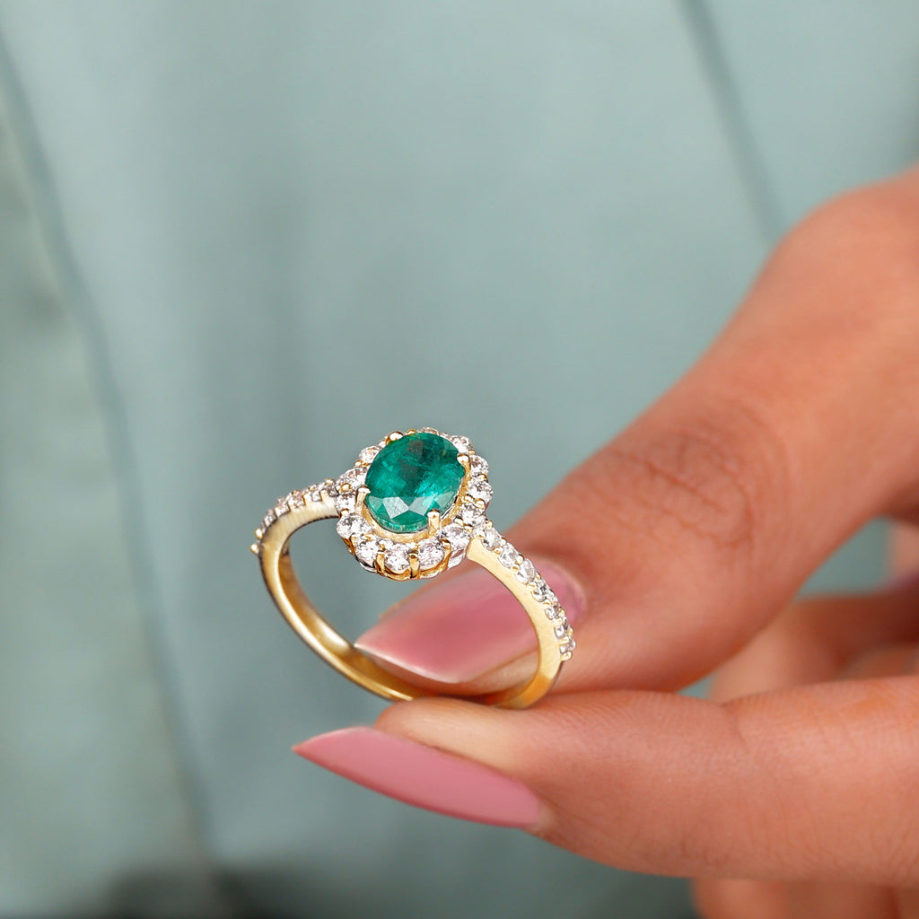 2.50 CT Oval Shape Created Emerald Ring with Moissanite Halo Lab Created Emerald - ( AAAA ) - Quality - Rosec Jewels