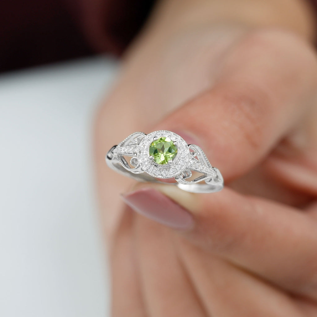 Vintage Inspired Peridot and Diamond Engagement Ring with Gold Beaded Peridot - ( AAA ) - Quality - Rosec Jewels
