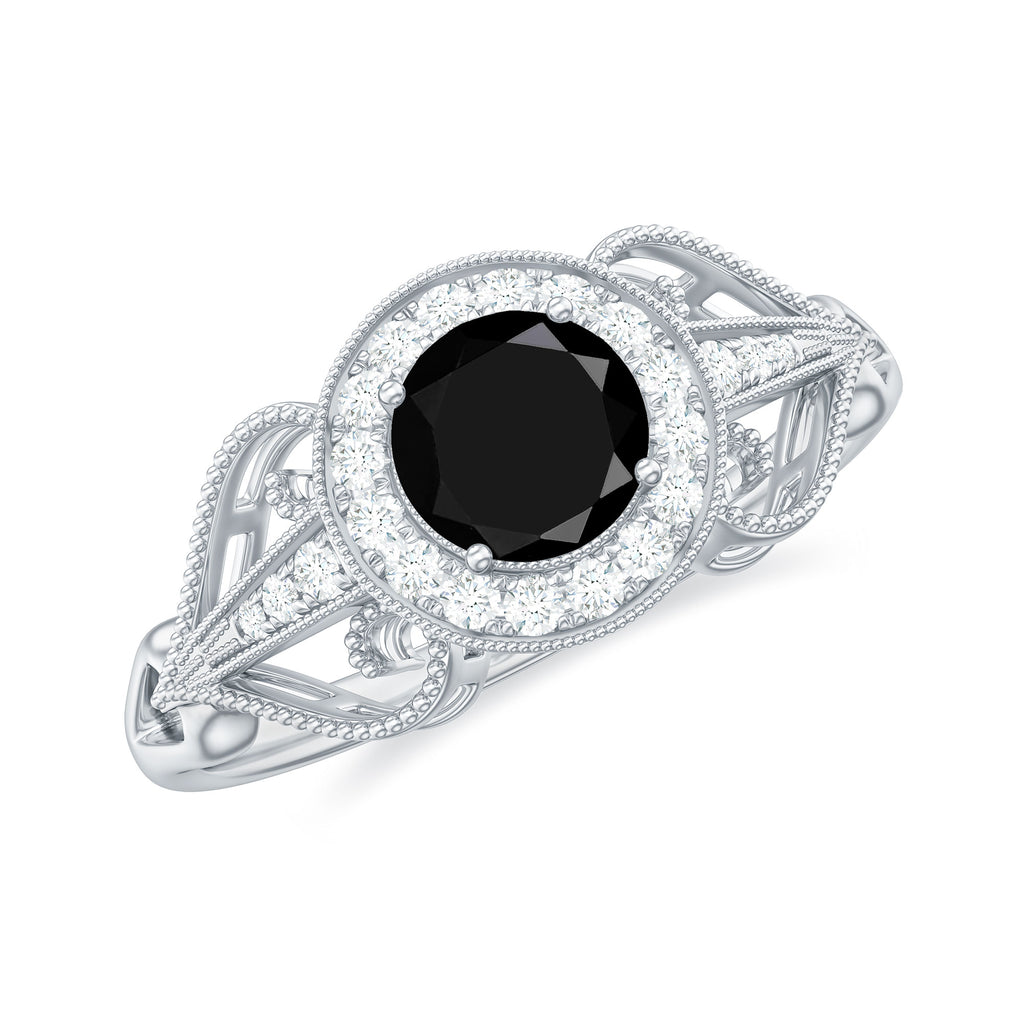 Black Onyx and Diamond Vintage Inspired Engagement Ring with Beaded Details Black Onyx - ( AAA ) - Quality - Rosec Jewels