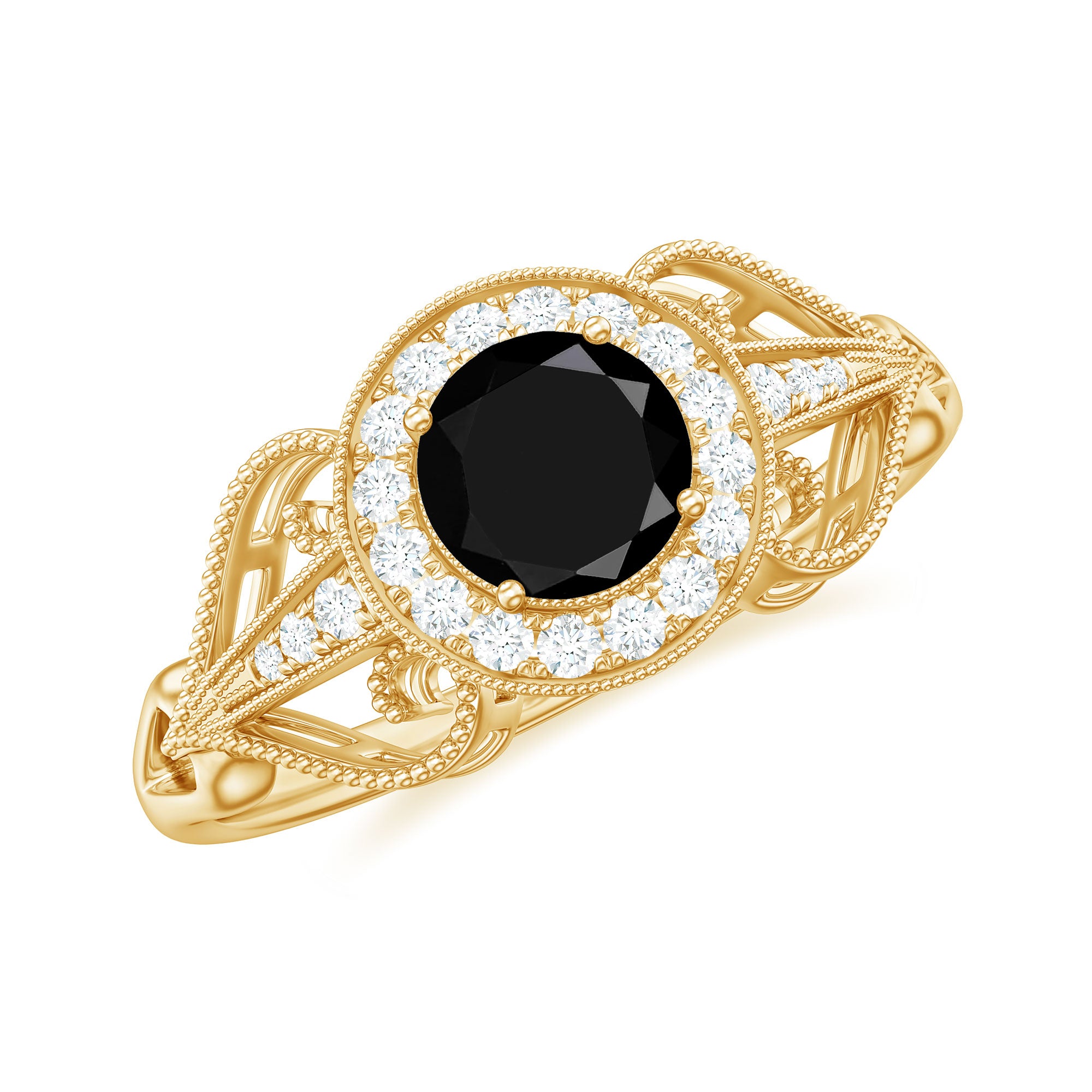 Black Onyx and Diamond Vintage Inspired Engagement Ring with Beaded Details Black Onyx - ( AAA ) - Quality - Rosec Jewels