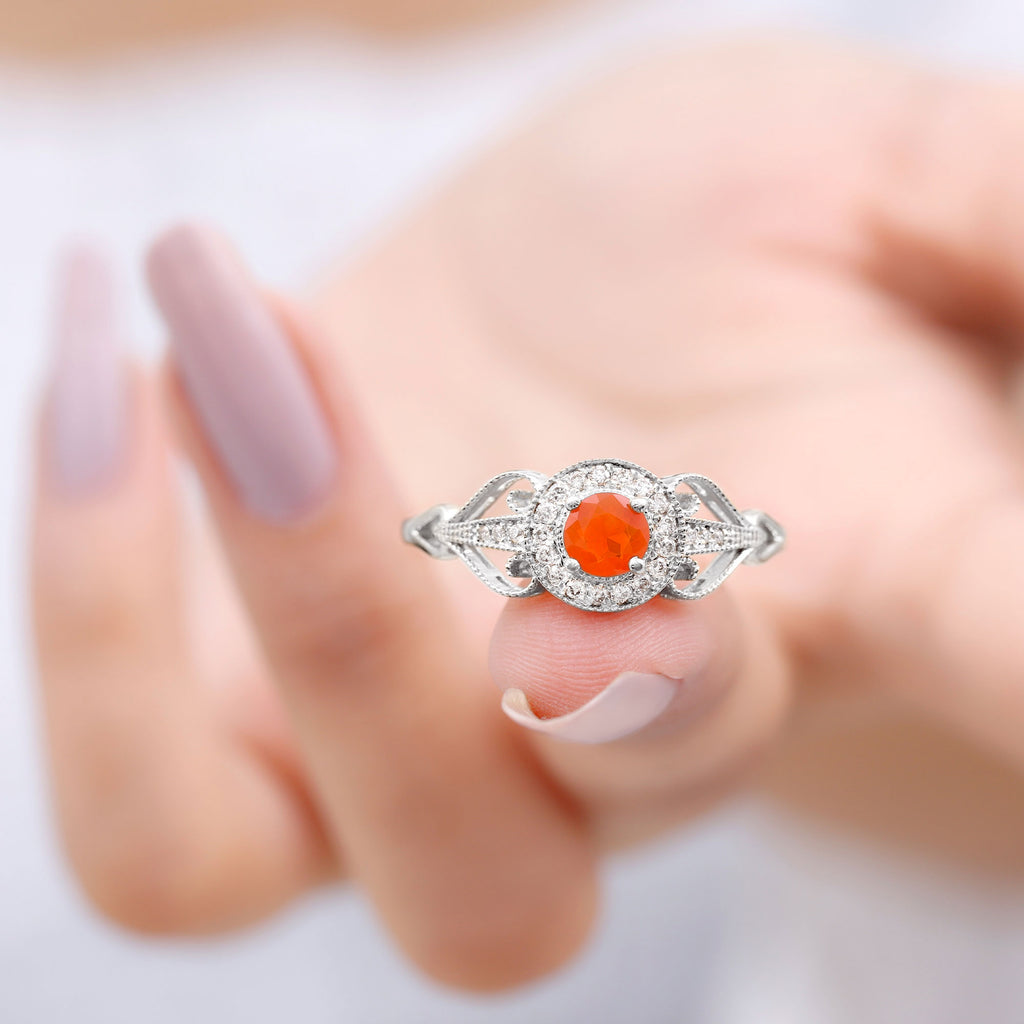 Vintage Fire Opal Diamond Engagement Ring with Beaded Detail Fire Opal - ( AAA ) - Quality - Rosec Jewels