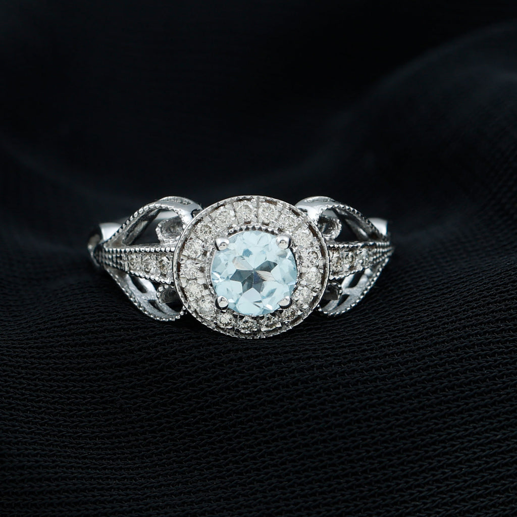Vintage Inspired Real Sky Blue Topaz and Diamond Engagement Ring Sky Blue Topaz - ( AAA ) - Quality - Rosec Jewels