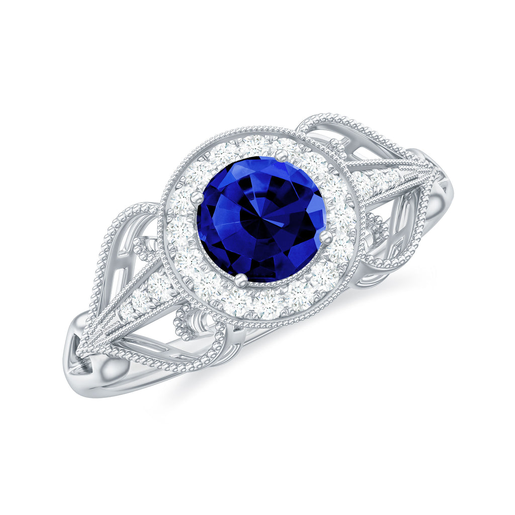 Vintage Created Blue Sapphire Diamond Beaded Engagement Ring Lab Created Blue Sapphire - ( AAAA ) - Quality - Rosec Jewels