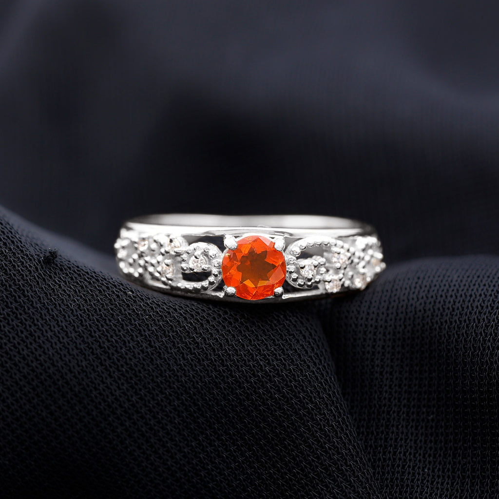 Vintage Style Fire Opal Solitaire Band Ring with Diamond and Beaded Detailing Fire Opal - ( AAA ) - Quality - Rosec Jewels