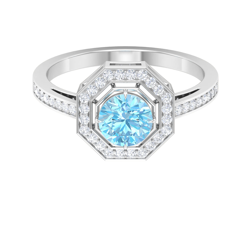 Vintage Inspired Ring with Aquamarine and Diamond Halo Aquamarine - ( AAA ) - Quality - Rosec Jewels