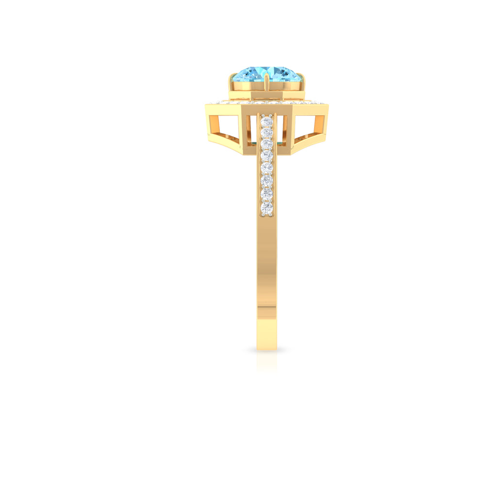 Vintage Inspired Ring with Aquamarine and Diamond Halo Aquamarine - ( AAA ) - Quality - Rosec Jewels