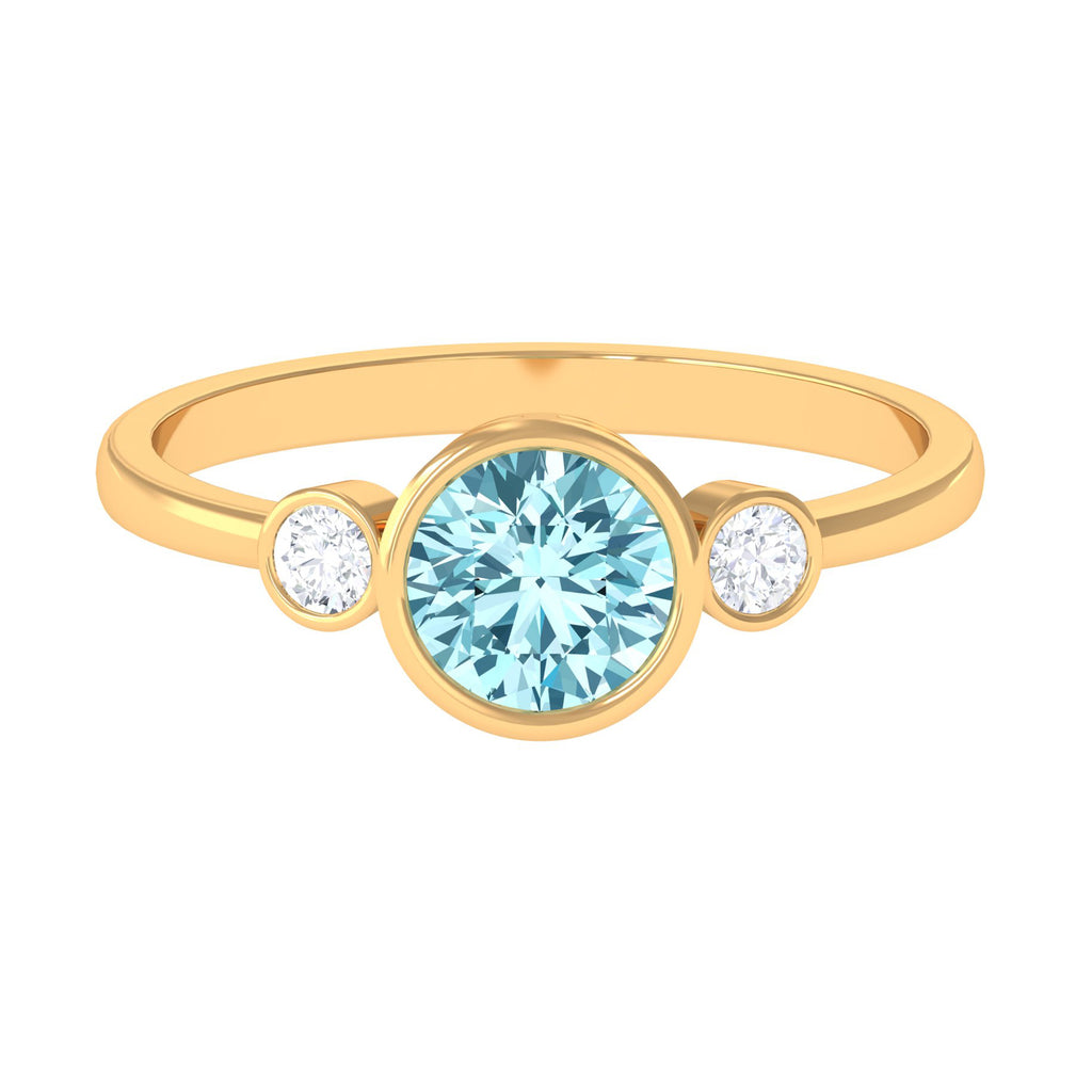 Bezel Set Aquamarine Solitaire Engagement Ring with Diamond Aquamarine - ( AAA ) - Quality - Rosec Jewels