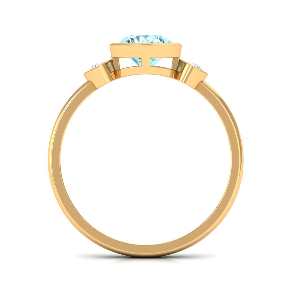 Bezel Set Aquamarine Solitaire Engagement Ring with Diamond Aquamarine - ( AAA ) - Quality - Rosec Jewels