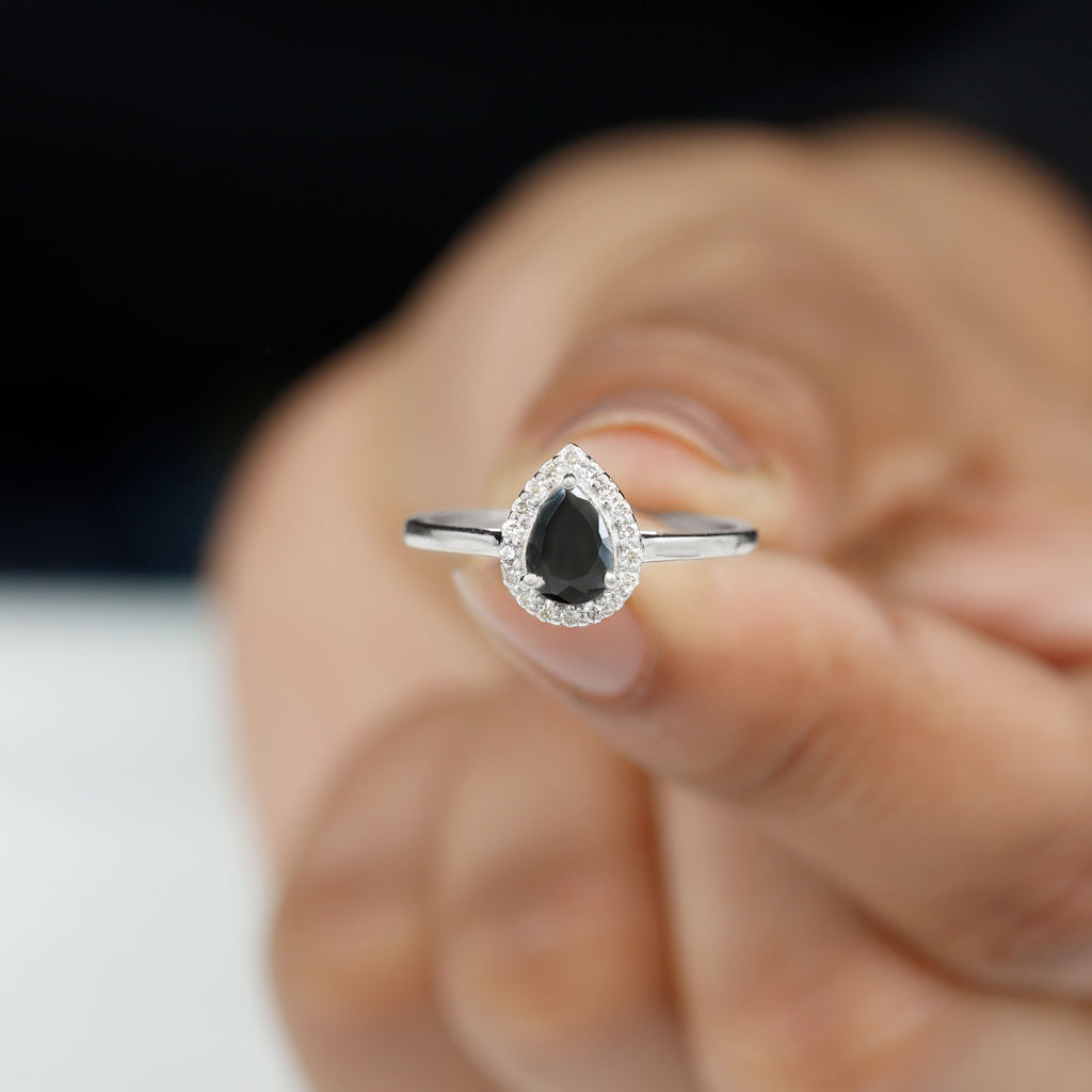 1 CT Teardrop Black Diamond Ring with Diamond Accent Black Diamond - ( AAA ) - Quality - Rosec Jewels