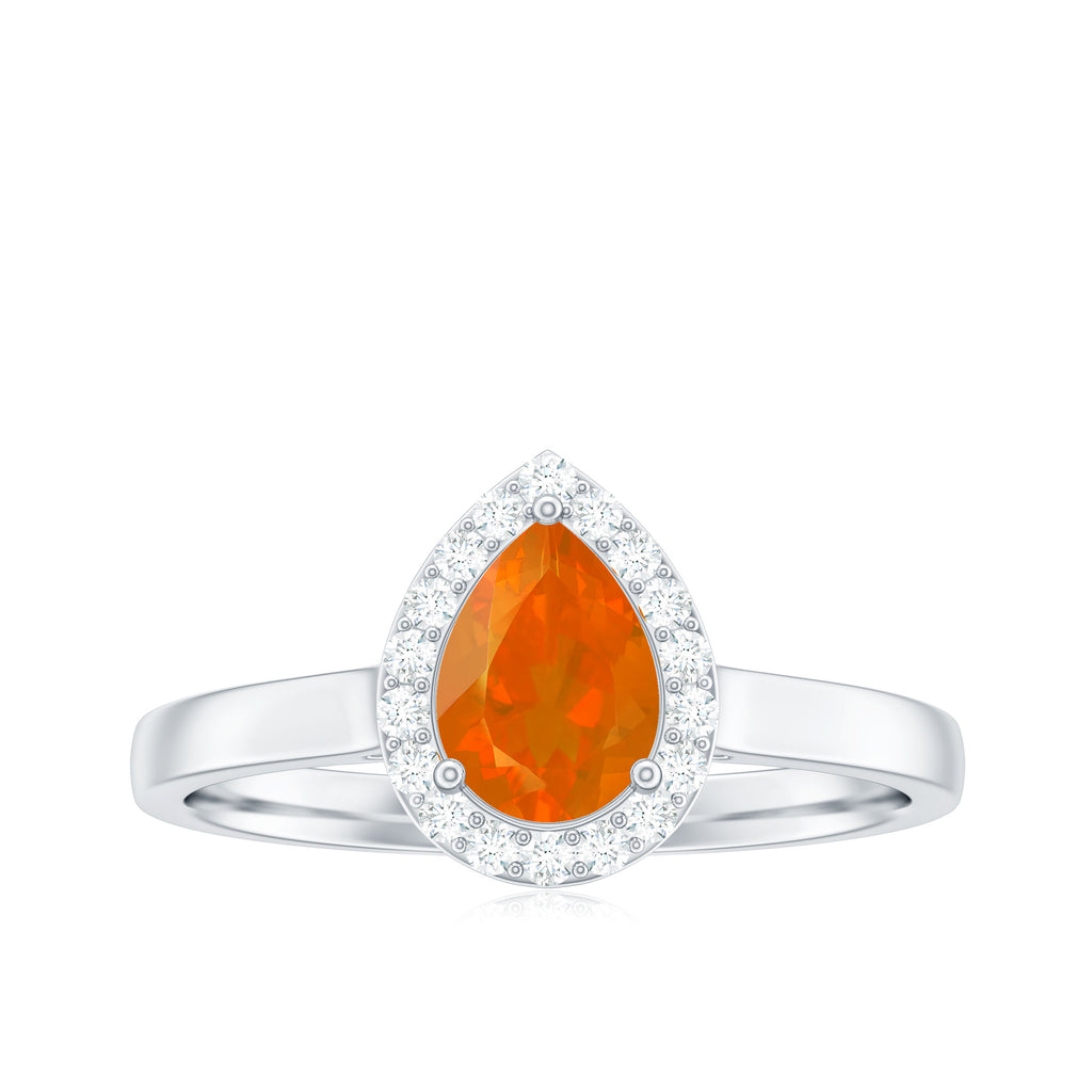 1 CT Teardrop Fire Opal Ring with Diamond Accent Fire Opal - ( AAA ) - Quality - Rosec Jewels