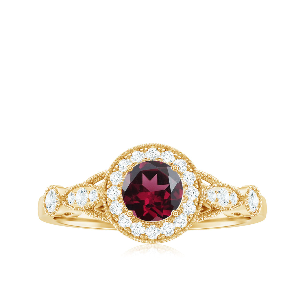1 CT Antique Rhodolite and Diamond Engagement Ring with Milgrain Details Rhodolite - ( AAA ) - Quality - Rosec Jewels