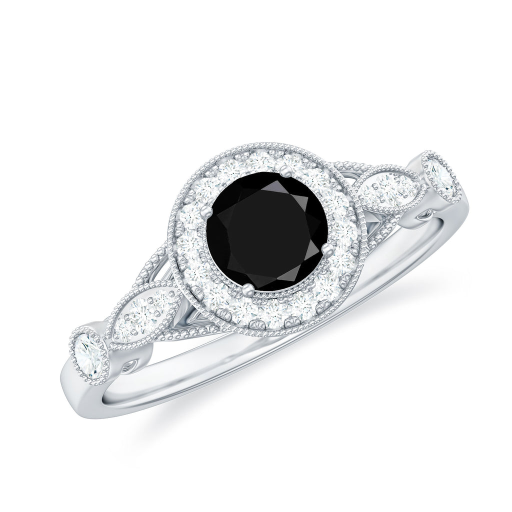 Created Black Diamond Antique Style Engagement Ring with Diamond Lab Created Black Diamond - ( AAAA ) - Quality - Rosec Jewels