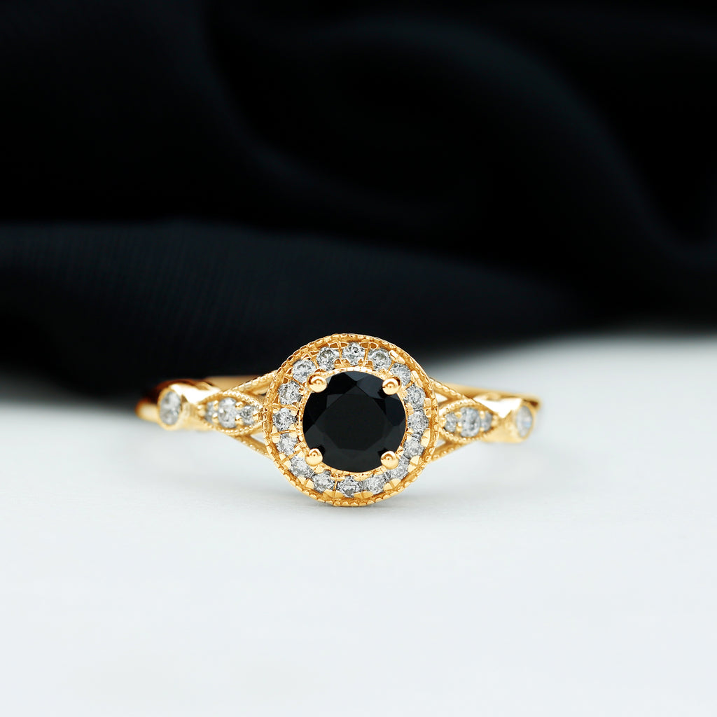 Created Black Diamond Antique Style Engagement Ring with Diamond Lab Created Black Diamond - ( AAAA ) - Quality - Rosec Jewels