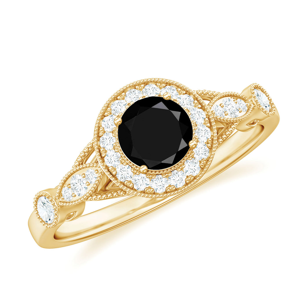 Black Onyx and Diamond Antique Style Engagement Ring in Gold Black Onyx - ( AAA ) - Quality - Rosec Jewels