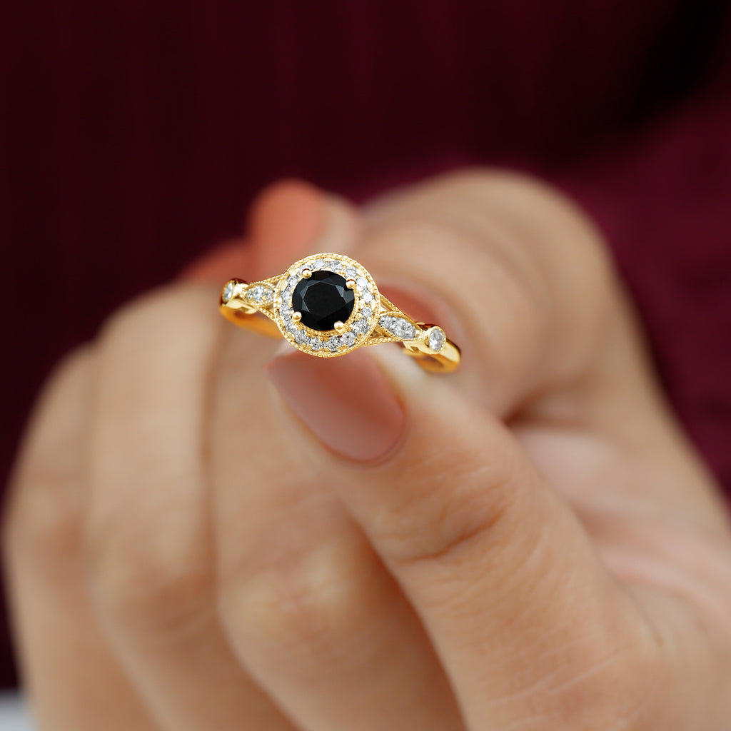 Black Onyx and Diamond Antique Style Engagement Ring in Gold Black Onyx - ( AAA ) - Quality - Rosec Jewels