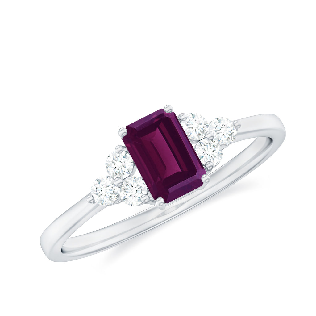 1 CT Octagon Cut Rhodolite Solitaire Ring with Diamond Trio Rhodolite - ( AAA ) - Quality - Rosec Jewels