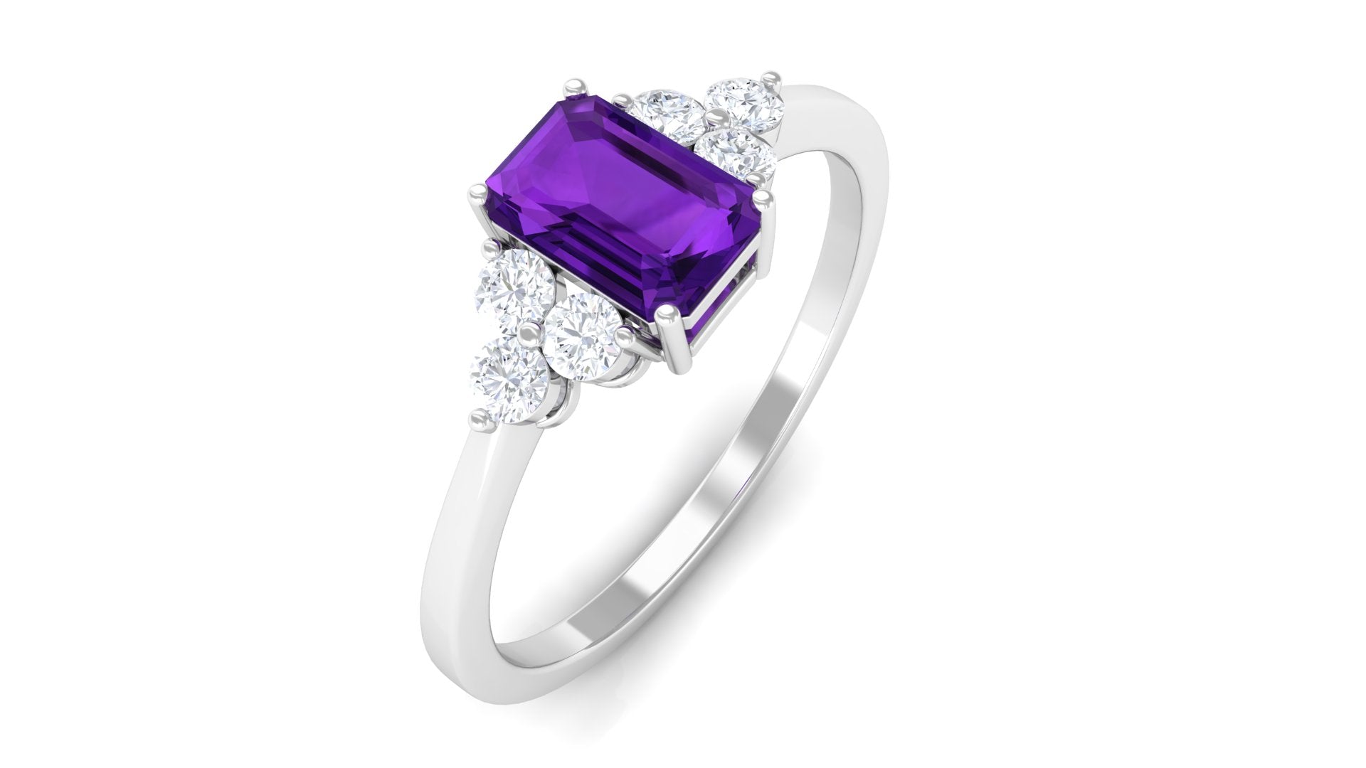 Octagon Cut Amethyst Solitaire Ring with Diamond Trio Amethyst - ( AAA ) - Quality - Rosec Jewels