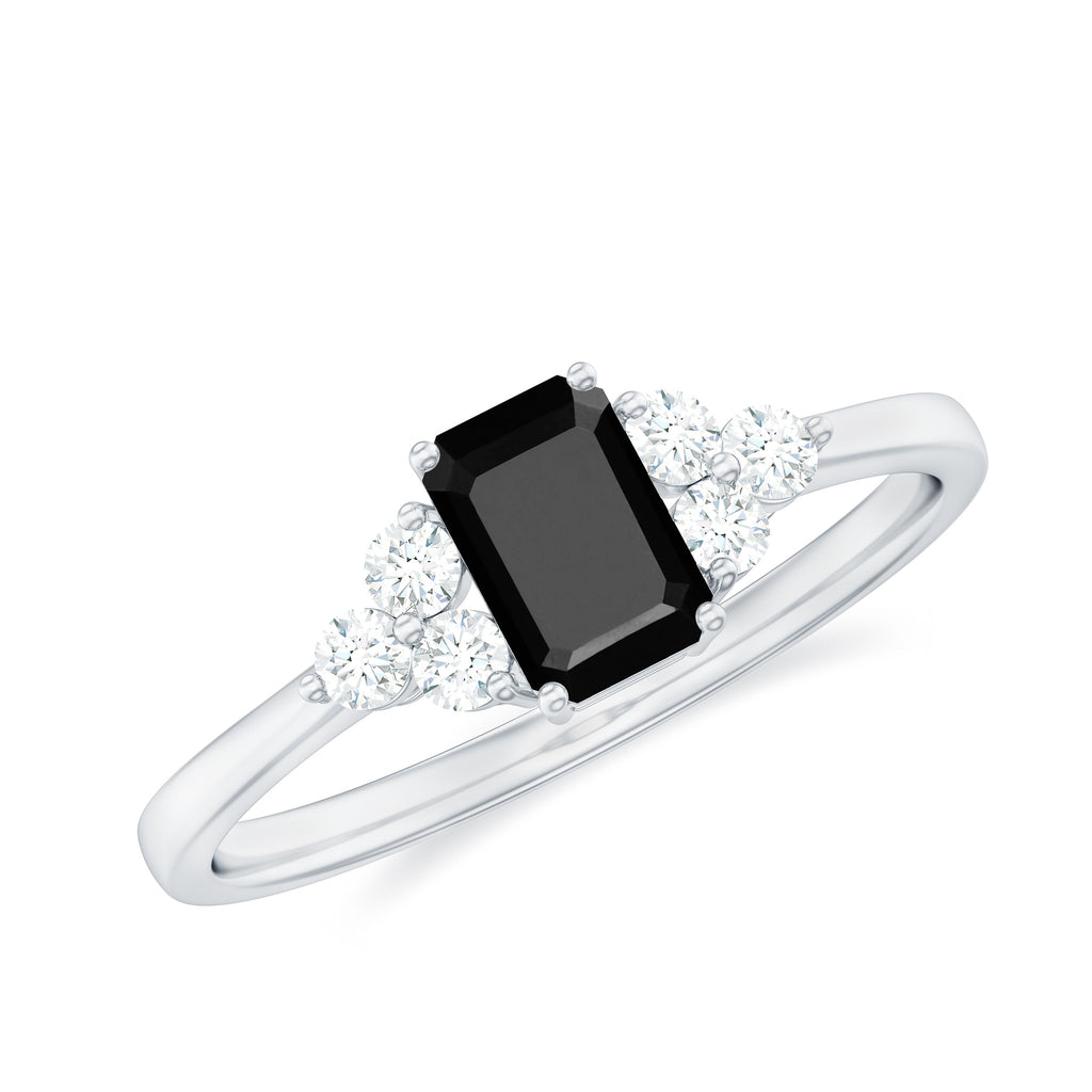 Emerald Cut Created Black Diamond Solitaire Ring with Diamond Trio Lab Created Black Diamond - ( AAAA ) - Quality - Rosec Jewels