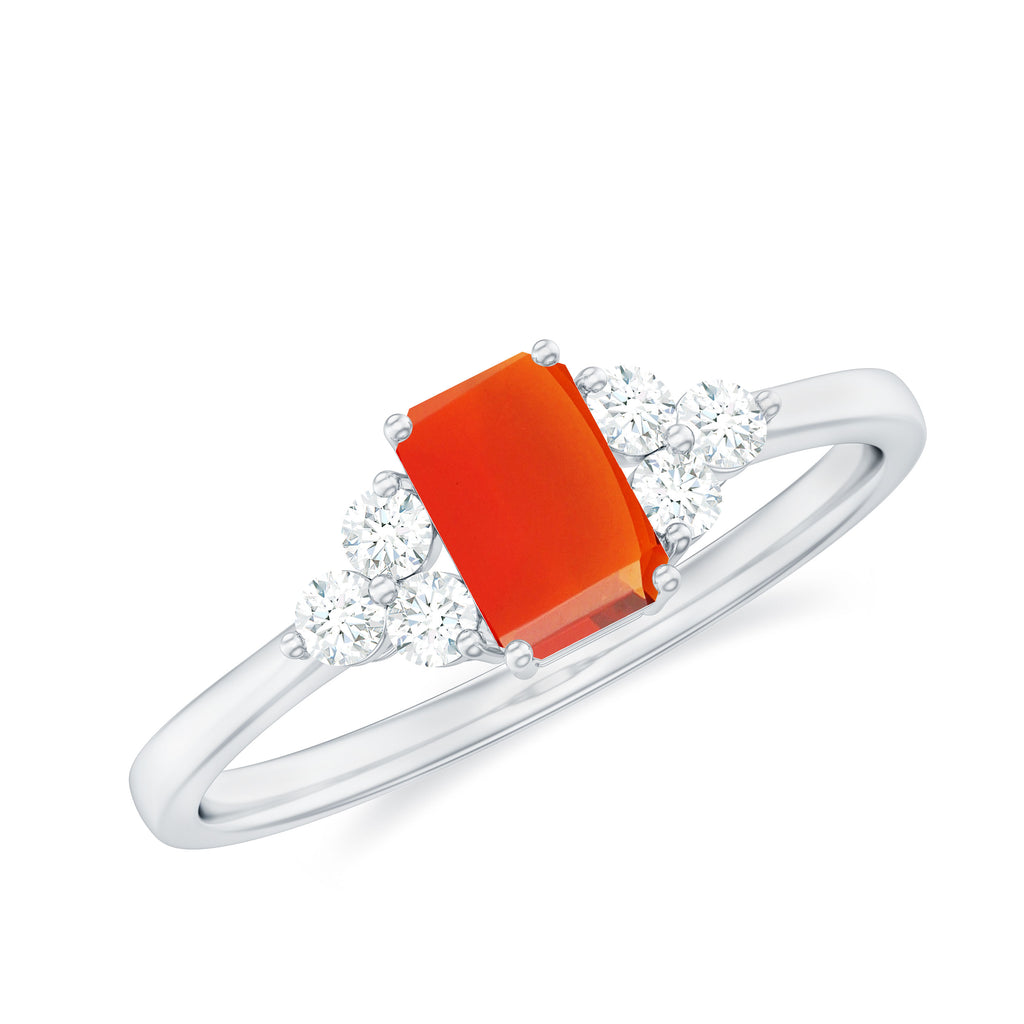 1 CT Octagon Cut Fire Opal Solitaire Ring with Diamond Trio Fire Opal - ( AAA ) - Quality - Rosec Jewels