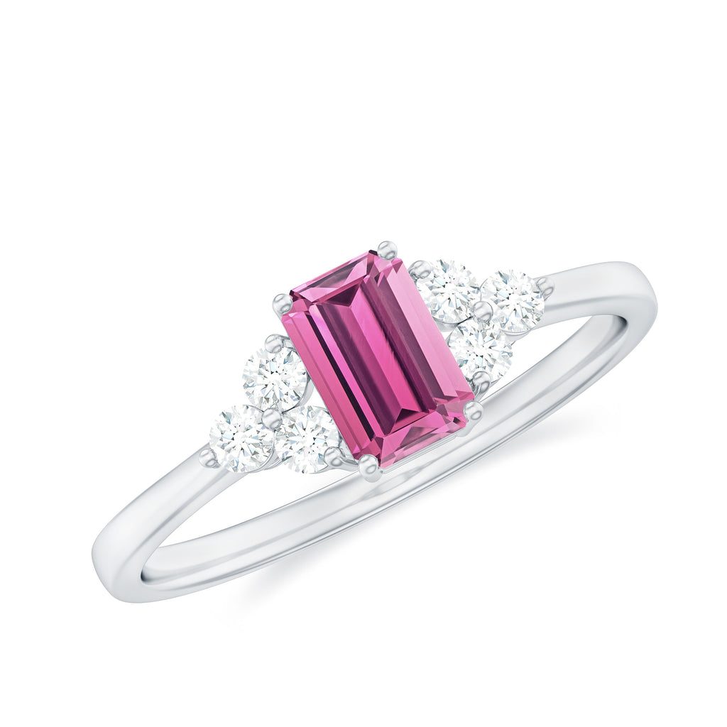 1 CT Octagon Cut Pink Tourmaline Solitaire Ring with Diamond Trio Pink Tourmaline - ( AAA ) - Quality - Rosec Jewels