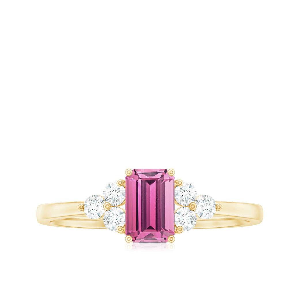 1 CT Octagon Cut Pink Tourmaline Solitaire Ring with Diamond Trio Pink Tourmaline - ( AAA ) - Quality - Rosec Jewels