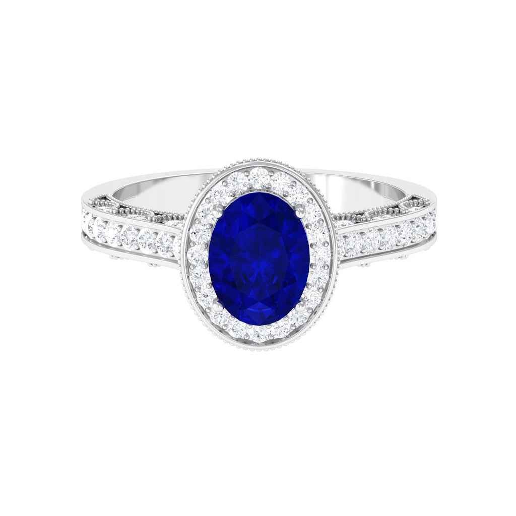 Vintage Style Lab Grown Blue Sapphire and Diamond Engagement Ring Lab Created Blue Sapphire - ( AAAA ) - Quality - Rosec Jewels
