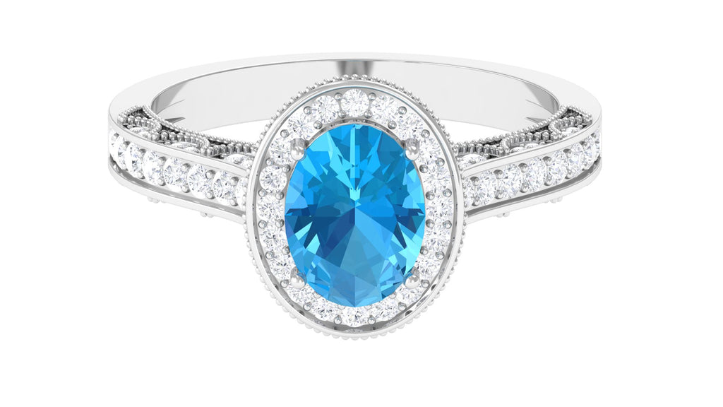 2 CT Swiss Blue Topaz and Diamond Engagement Ring with Milgrain Details Swiss Blue Topaz - ( AAA ) - Quality - Rosec Jewels