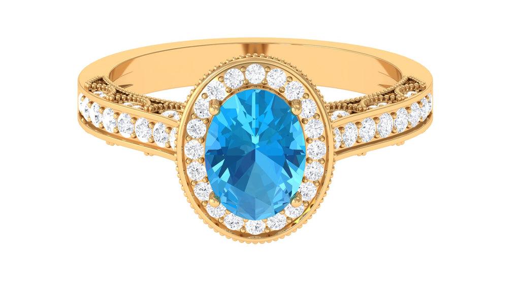 2 CT Swiss Blue Topaz and Diamond Engagement Ring with Milgrain Details Swiss Blue Topaz - ( AAA ) - Quality - Rosec Jewels