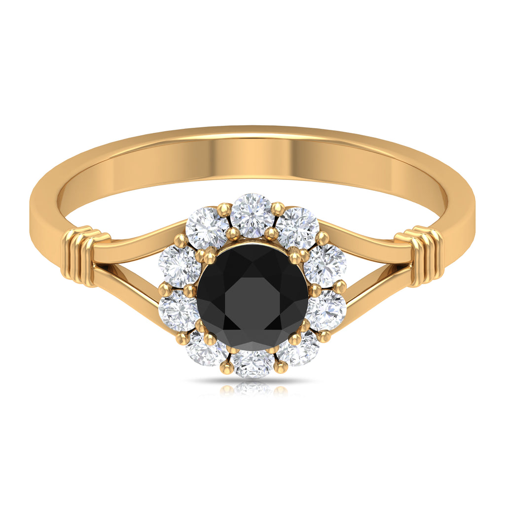 Black Onyx and Diamond Flower Halo Ring with Split Shank Black Onyx - ( AAA ) - Quality - Rosec Jewels