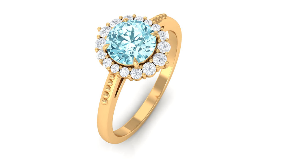 Natural Aquamarine Engagement Ring with Diamond Halo Aquamarine - ( AAA ) - Quality - Rosec Jewels
