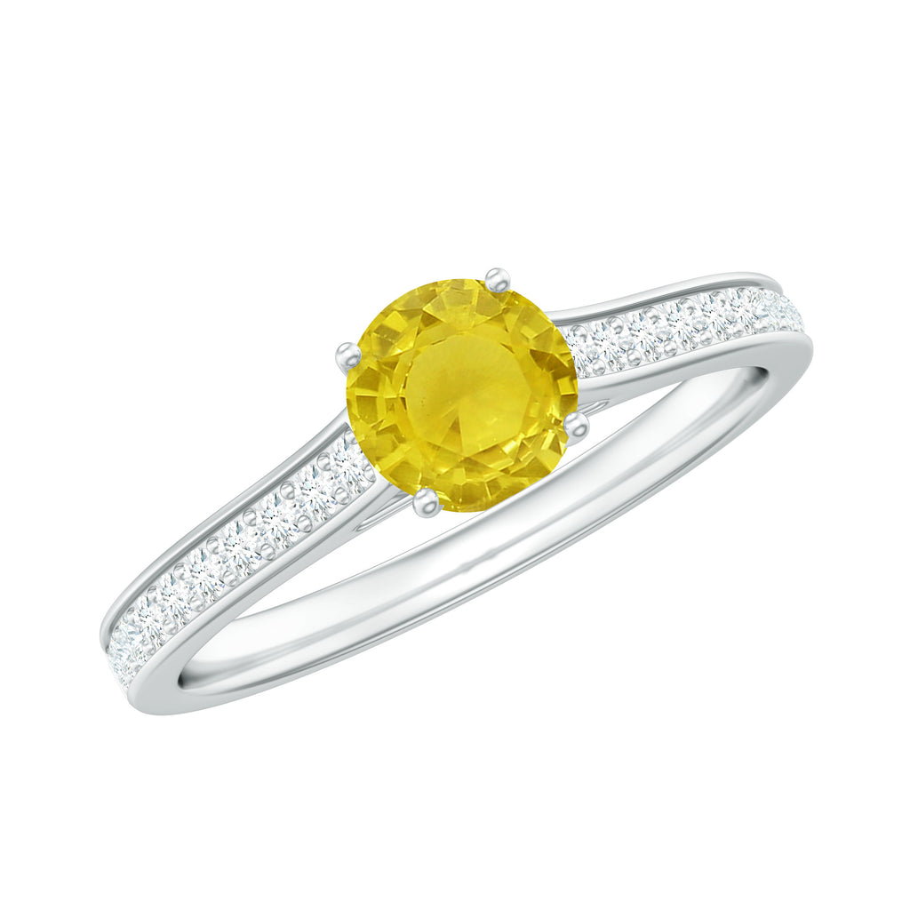 Round Yellow Sapphire Solitaire Engagement Ring with Diamond Yellow Sapphire - ( AAA ) - Quality - Rosec Jewels