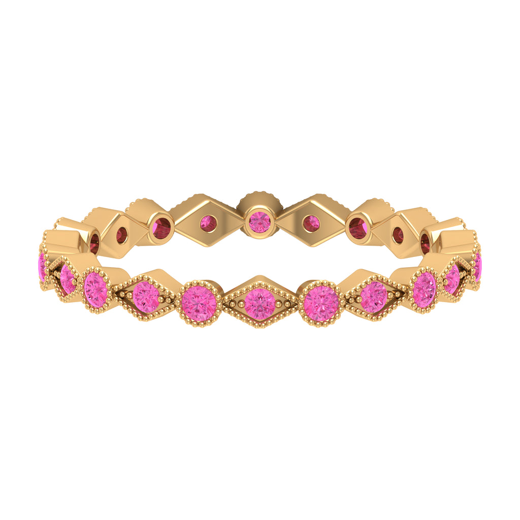 Created Pink Sapphire Stackable Eternity Ring with Beaded Shank Lab Created Pink Sapphire - ( AAAA ) - Quality - Rosec Jewels