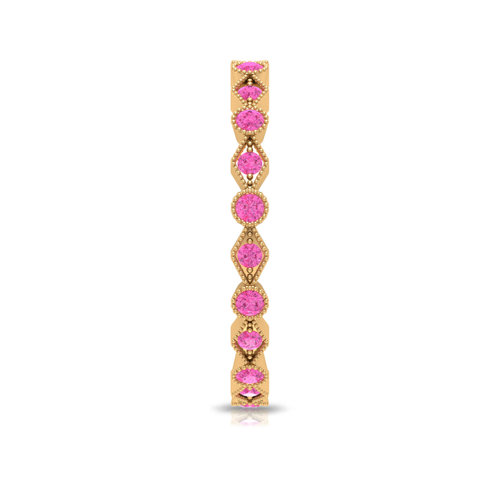Created Pink Sapphire Stackable Eternity Ring with Beaded Shank Lab Created Pink Sapphire - ( AAAA ) - Quality - Rosec Jewels