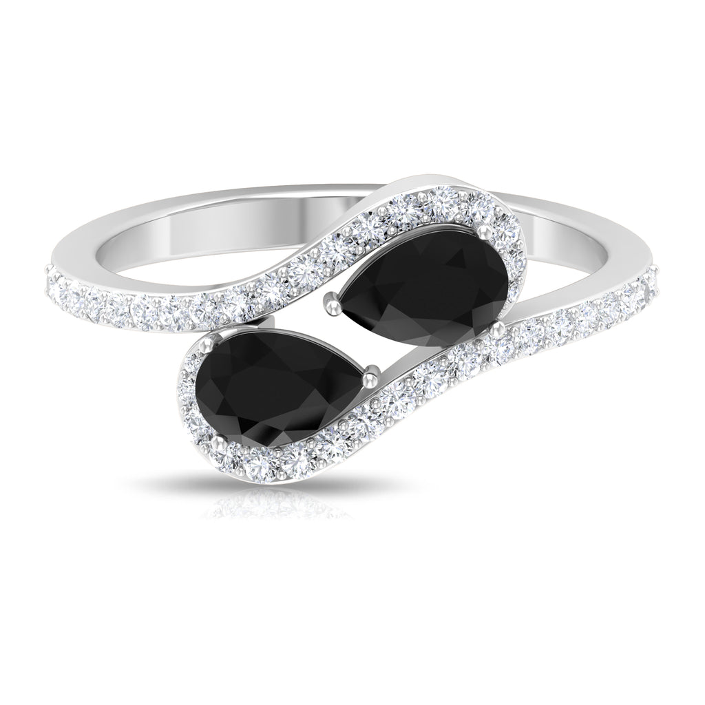 Pear Shape Black Onyx and Diamond Bypass Engagement Ring Black Onyx - ( AAA ) - Quality - Rosec Jewels