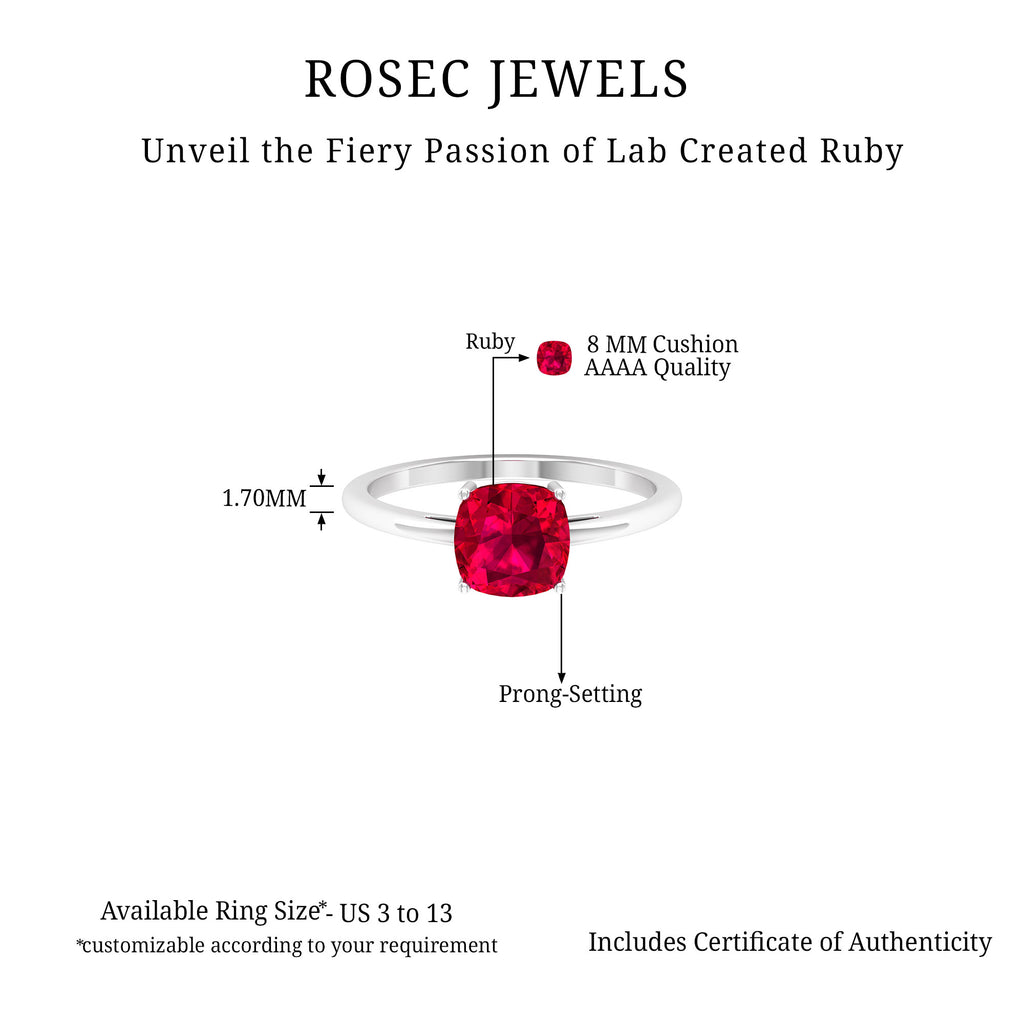 8 MM Cushion Cut Created Ruby Solitaire Ring Lab Created Ruby - ( AAAA ) - Quality - Rosec Jewels