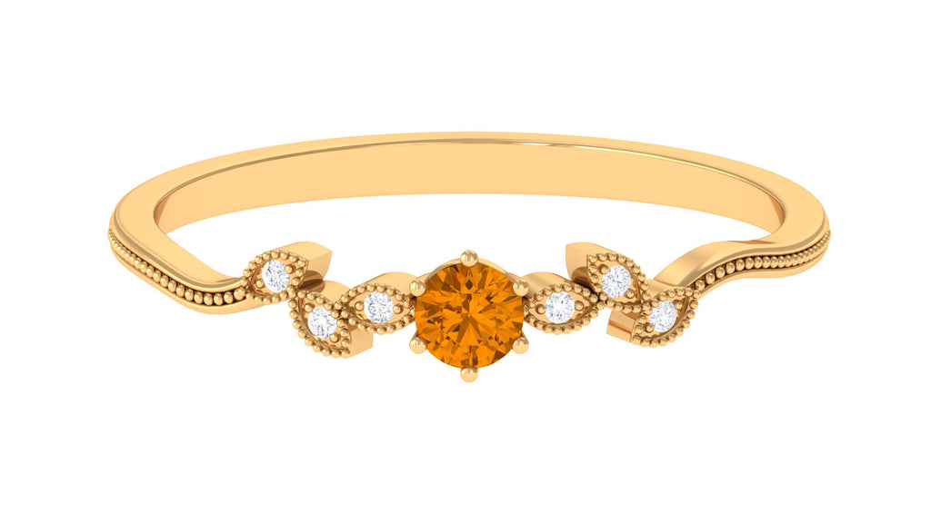 Round Citrine Minimal Leaf Promise Ring with Diamond Citrine - ( AAA ) - Quality - Rosec Jewels