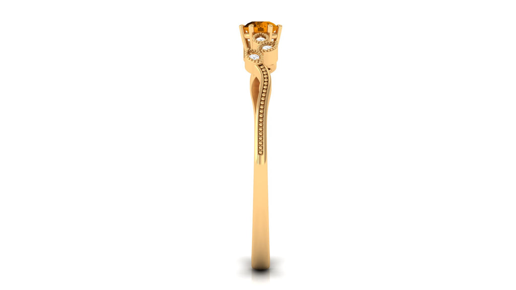 Round Citrine Minimal Leaf Promise Ring with Diamond Citrine - ( AAA ) - Quality - Rosec Jewels