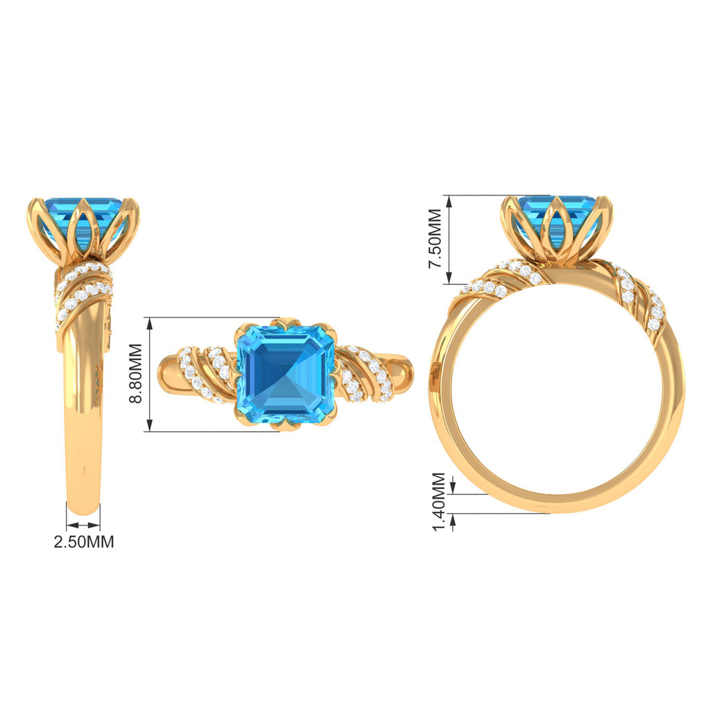 Asscher Cut Swiss Blue Topaz Designer Engagement Ring with Diamond Swiss Blue Topaz - ( AAA ) - Quality - Rosec Jewels