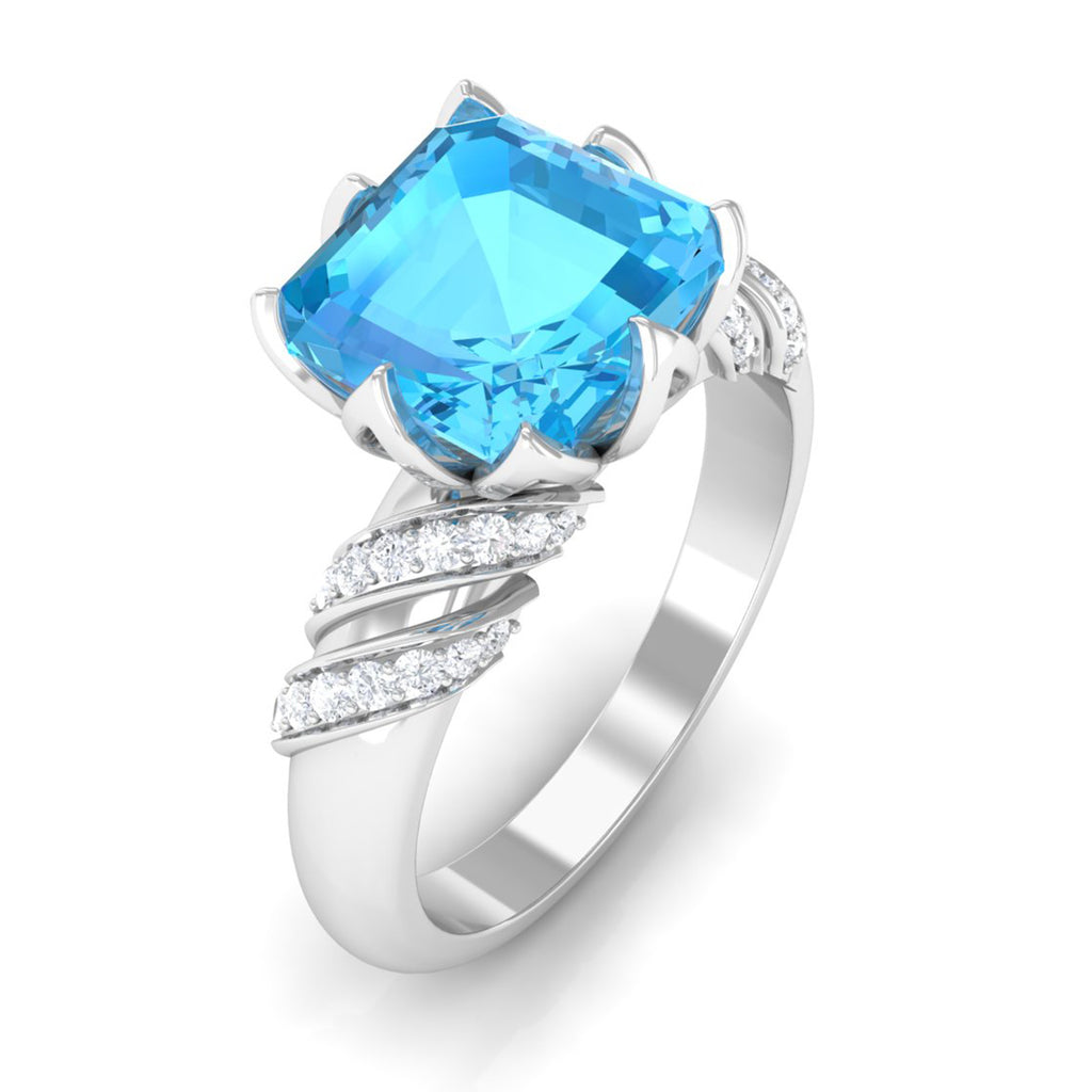 Asscher Cut Swiss Blue Topaz Designer Engagement Ring with Diamond Swiss Blue Topaz - ( AAA ) - Quality - Rosec Jewels