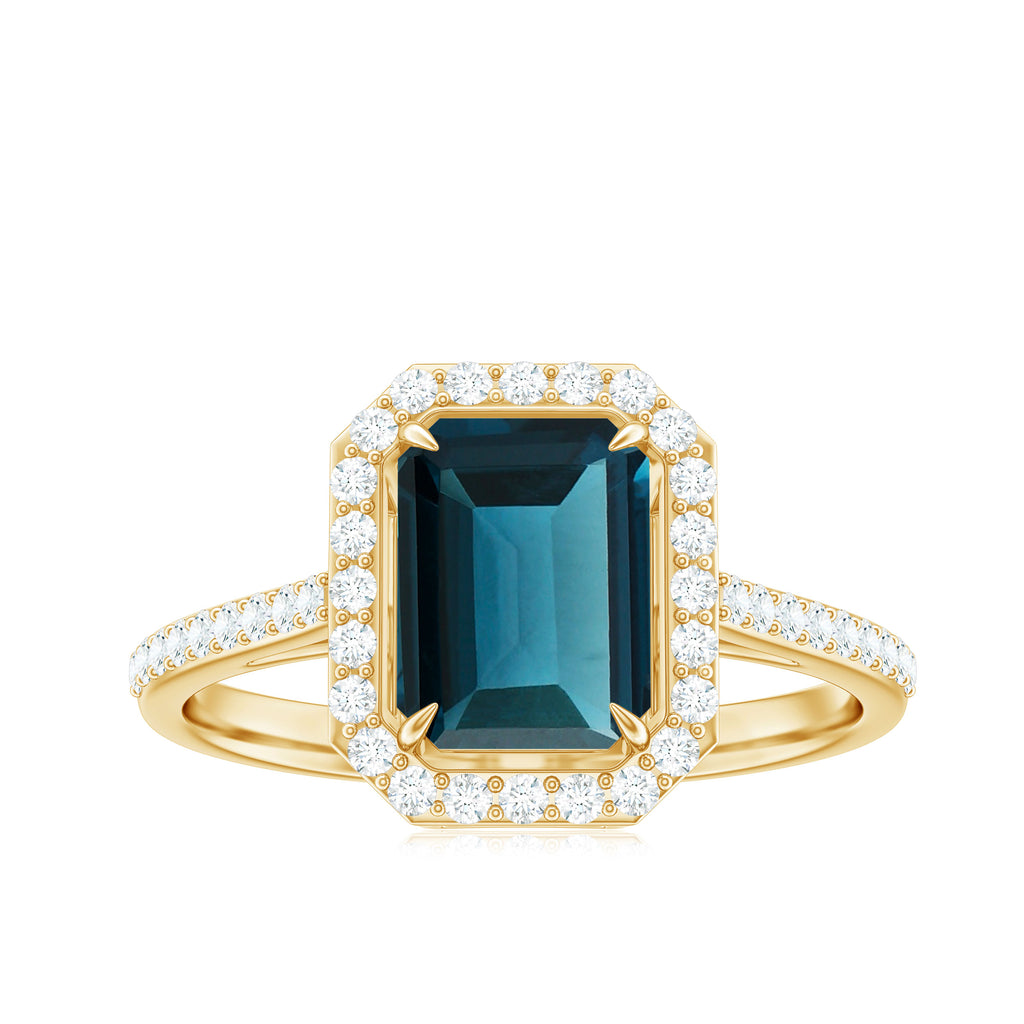 Emerald Cut London Blue Topaz and Diamond Halo Engagement Ring London Blue Topaz - ( AAA ) - Quality - Rosec Jewels